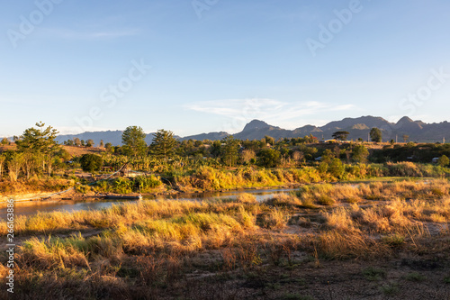 landscape of the Moei river in summer  evening  at Mae Sot  Tak  Thailand  Moei river is a borderline Thailand - Myanmar.