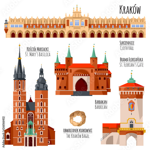 Sights of Krakow, Poland. Cloth Hall, St. Florian’s Gate, St. Mary’s Basilica, Barbican. photo