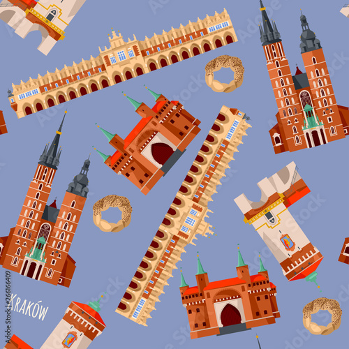 Sights of Krakow, Poland. Cloth Hall, St. Florian’s Gate, St. Mary’s Basilica, Barbican. Seamless background pattern.
