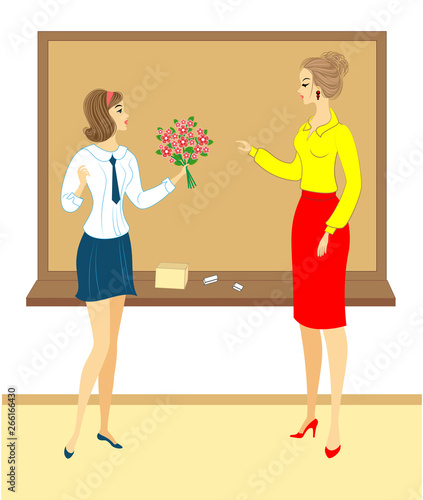 Young schoolgirl with flowers. The girl gives a bouquet to the teacher in school, in the classroom, near the board. The woman is beautiful and young. Vector illustration © Nataliia