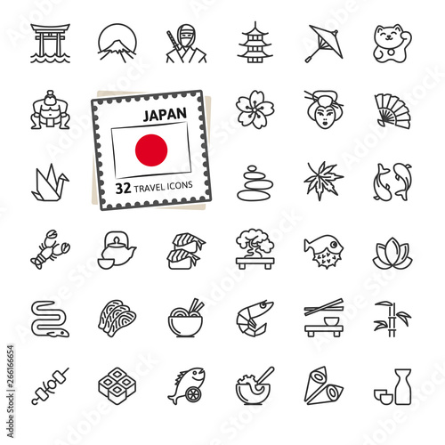 Japan, Japanese - minimal thin line web icon set.  Outline icons collection. Travel series. Simple vector illustration.