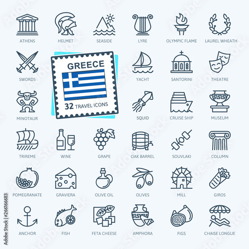 Greece, Greek - minimal thin line web icon set.  Outline icons collection. Travel series. Simple vector illustration.