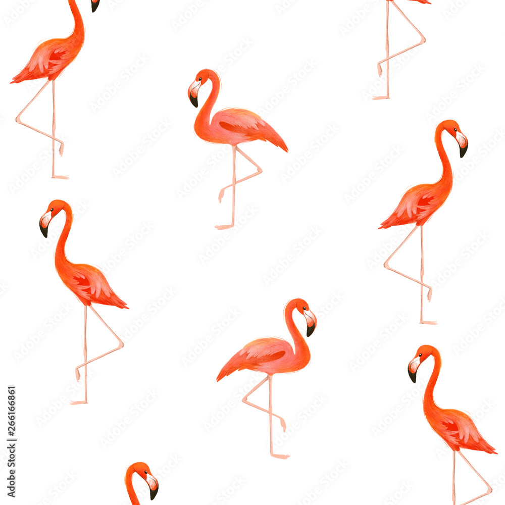 Fototapeta premium Red flamingo pattern on white background.