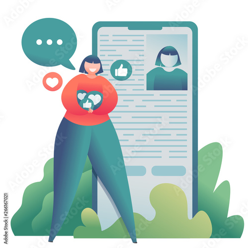 Illustrating of teenage blogger girl near smartphone searching friends and collecting likes.