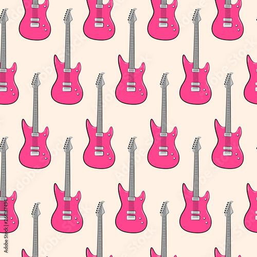 Vector seamless pattern with pink electric guitars on soft neutral background 