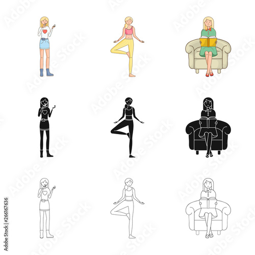 Isolated object of posture and mood sign. Collection of posture and female stock vector illustration.
