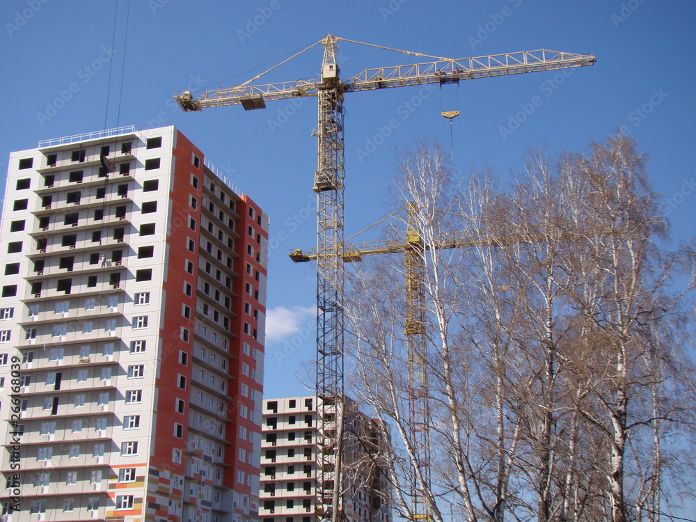 The process of building high houses using cranes. High birch. The process of building high houses using cranes. High birch.
