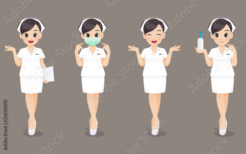 Nurse collection, Cartoon woman doctor or nurse in white uniform on brown background, Vector illustration in character design