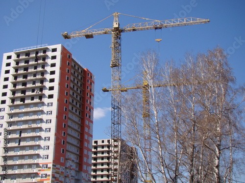 The process of building high houses using cranes. High birch.