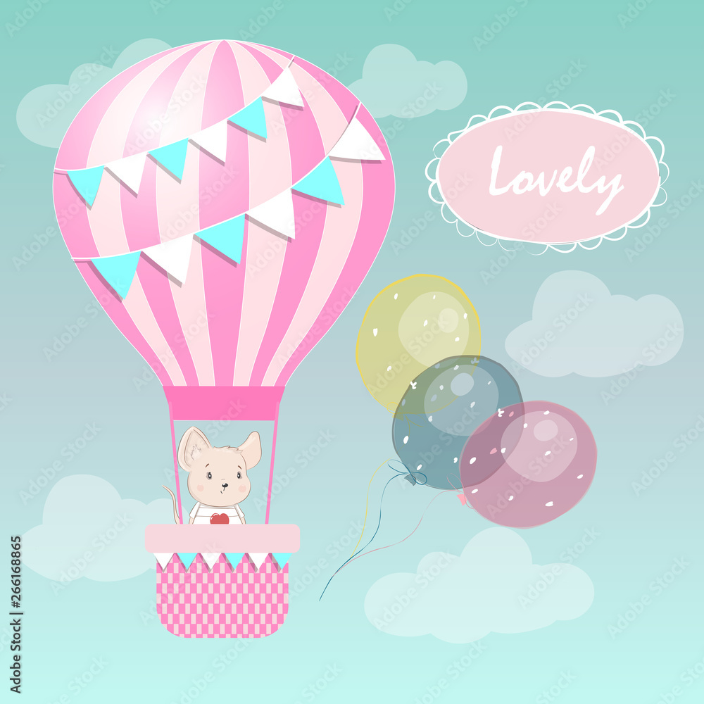 Cute funny little mouse in a balloon. hand-drawn. Postcard. Cartoon. Poster. Cute funny little mouse in a balloon. hand-drawn. Postcard. Cartoon. Poster.