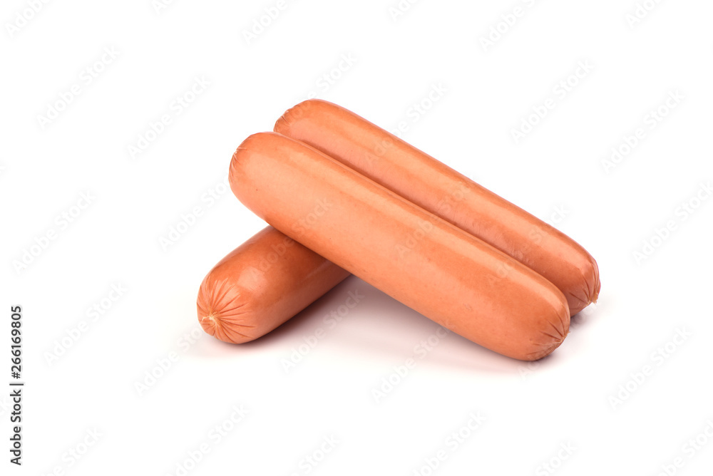 Three fresh boiled sausages isolated on white background. Three fresh boiled sausages isolated on white background.
