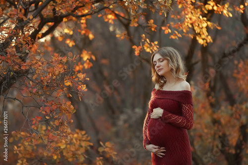 A Beautiful pregnant woman with blond hair in long red dress