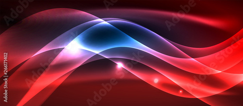 Glowing abstract wave on dark, shiny motion, magic space light. Techno abstract background