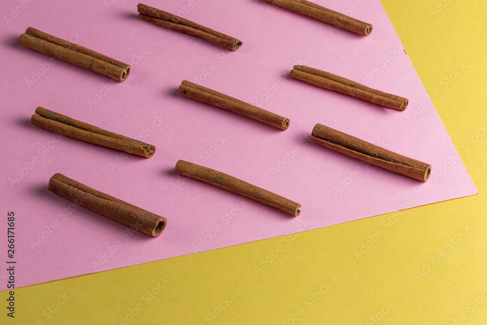 a set of ingredients for dessert on the pink and yellow background. close up photo a set of ingredients for dessert on the pink and yellow background. close up photo