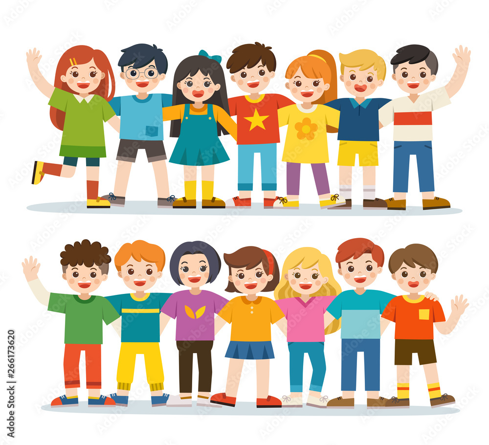 Group of smiling boys and girls. Happy student standing together and waving hands. Isolated on white background. Group of smiling boys and girls. Happy student standing together and waving hands. Isolated on white background.