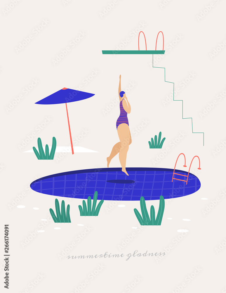 Cute girl in a bathing suit jumping into the pool. Leisure activities near the water in the summer. Vector illustration in trendy flat style.