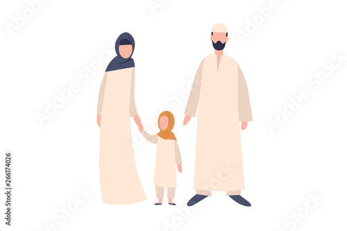 Young Arab family. The man is an Arab in a long white dress and a knitted hat. Woman and girl in long muslim dress and headscarf. Vector illustration.