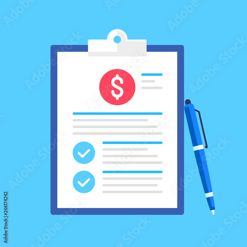 Clipboard with dollar sign, check marks and pen. Financial planning, business audit, business plan concepts. Flat design. Vector illustration