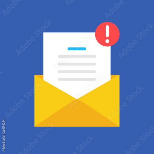 Unread notification, new message, spam, suspicious email concepts. Envelope with document and exclamation point. Modern flat style design. Vector illustration