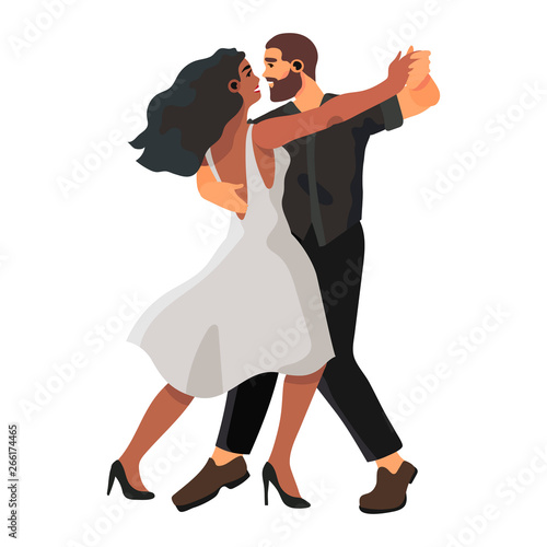 Vector illustration of young people practicing ballroom dancing. A pationate couple dancing in a studio, party or competition.