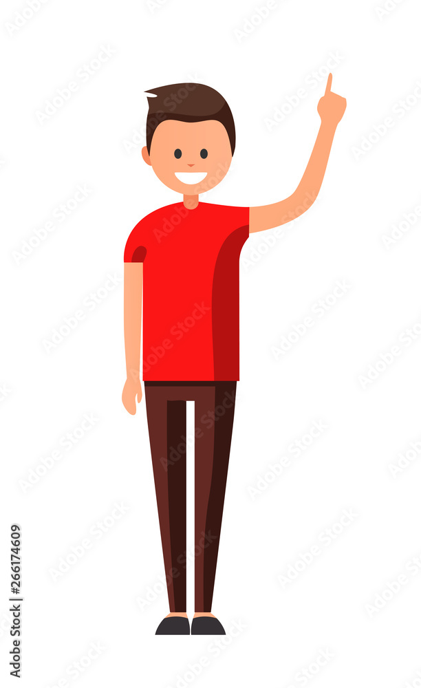 Front view animated character. Designer character. Cartoon style, flat vector illustration of smiling boy with short hair in casual clothes. Man with hand up. Choosing pose. Front view animated character. Designer character. Cartoon style, flat vector illustration of smiling boy with short hair in casual clothes. Man with hand up. Choosing pose.