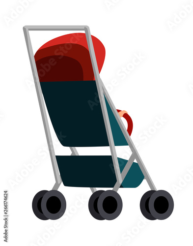 Vector illustration of riding toddlers in prams. Cartoon realistic people illustration. Flat baby. Back view. Isometric. Children. Baby carriage. Newborn baby.