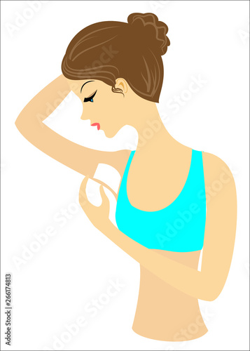 Profile of a beautiful lady. The girl makes wax depilation of the armpits independently. Removes excess hair. Vector illustration