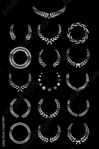 Silver laurel wreaths isolated on black background. Vector design elements.