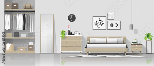 Interior background with modern cozy bedroom , vector , illustration