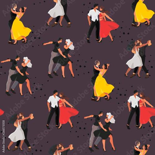 Seamless pattern with a dancing studio rehearsal that can be used for wrapping, fabric and other decor. Vector illustration of a young men and women attending dancing classes in a dance studio. 