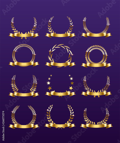 Realistic gold laurel wreath set with text space