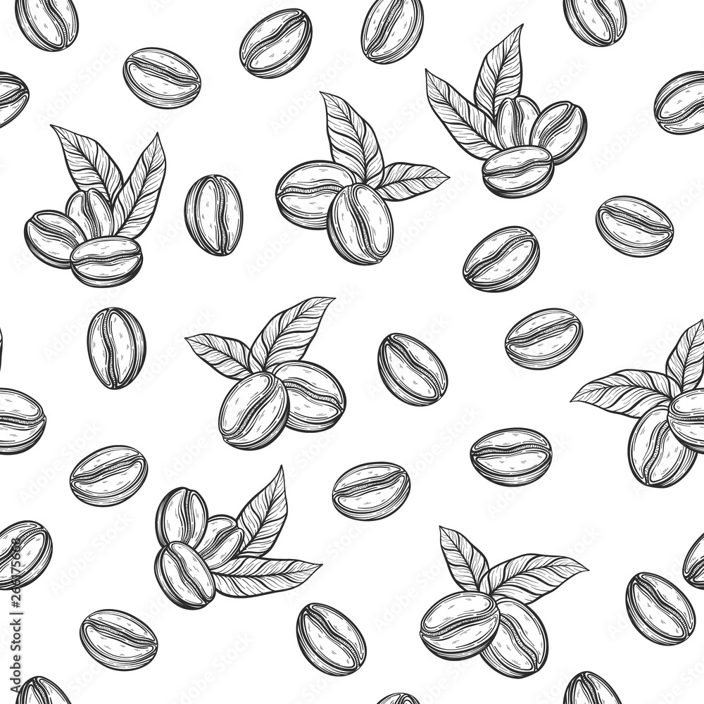 Seamless pattern with coffee with leaves and beans. Coffee grains in graphic style hand drawn. Seamless pattern with coffee with leaves and beans. Coffee grains in graphic style hand drawn.