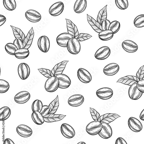 Seamless pattern with coffee with leaves and beans. Coffee grains in graphic style hand drawn.