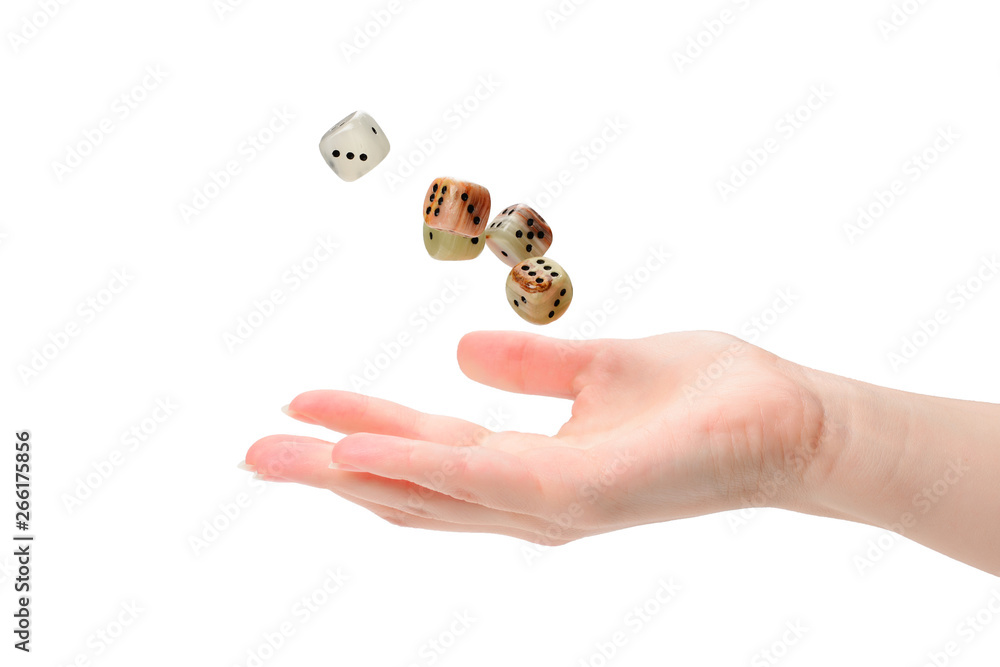 Woman throws dices isolated on white. Woman throws dices isolated on white.