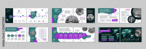 Brochure creative design. Multipurpose template with cover, back and inside pages. Trendy minimalist flat geometric design. Horizontal landscape a4 format.