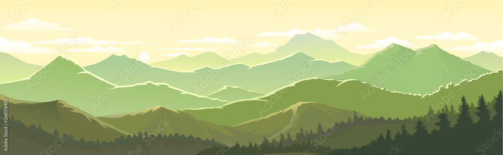 Green and yellow tinge of the mountain landscape and forests