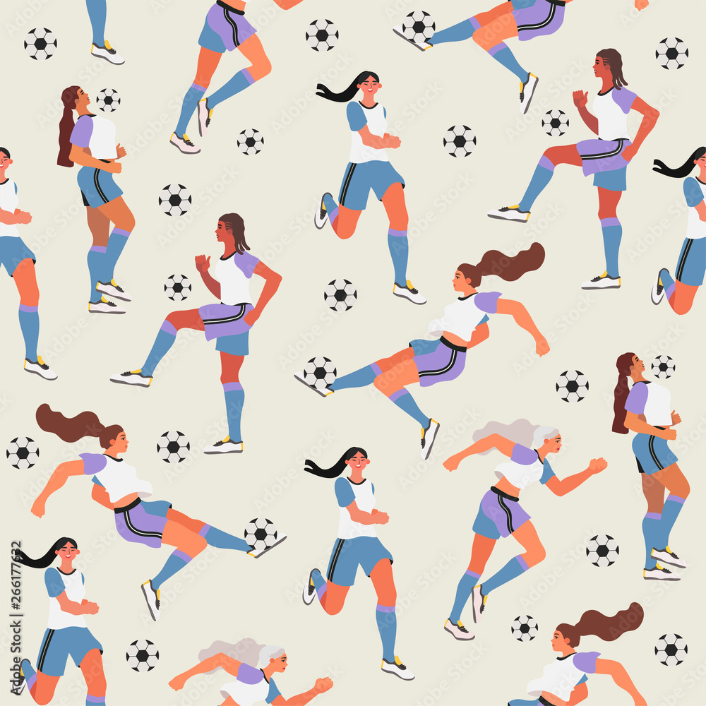 Seamless pattern with women playing soccer or football on a light grey background that can be used for wrapping, fabric, wallpaper, textile and other decoration.