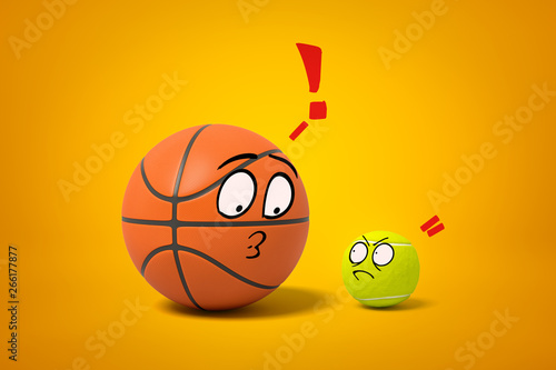 3d rendering of basketball ball and tennis ball with drawn cartoon faces on yellow background