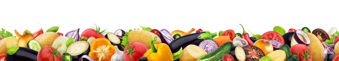 Different vegetables isolated on white background with copy space, border made of vegetables assortment, seamless pattern