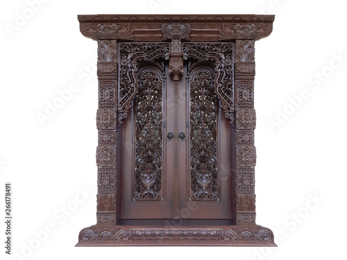 handmade teak wood carving house window for interior exterior decoration in white isolated background