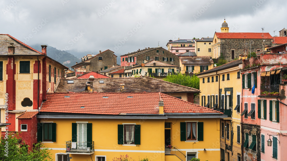 Levanto skyline with terraced old colorful buildings in La Spezia, Italy. Traditional Italian house architecture.