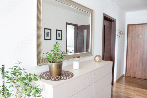 entry hall with white contemporary drawer and mirror © santiago silver