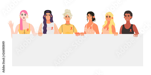 Vector banner, flyer illustration with diverse beautiful strong women with a placard that are supporting each other and informing other people about breast cancer. Breast cancer awareness month.
