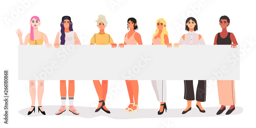 Vector illustration of diverse beautiful strong women with a placard that are fighting for their equality and rights, supporting each other. People at demonstration. Character design in a flat style.
