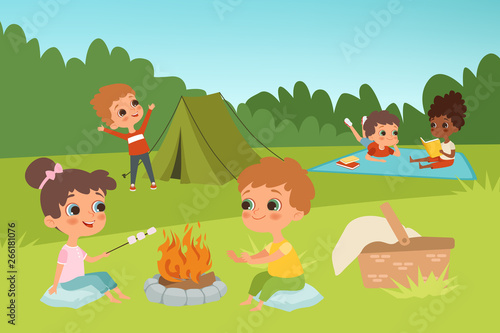 Kids summer camp vector background with children characters and camping elements. Illustration of summer kids outdoor, bonfire and picnic