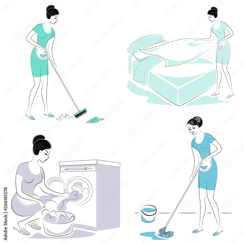 Collection. Sweet lady. The girl makes a bed in the room, sweeping, washing the floor, washing clothes in a typewriter. A woman is a good wife and a neat housewife. Vector illustration.