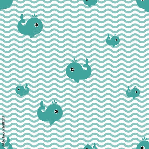 Sea life, whales on the waves, seamless pattern. Vector