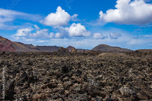 Landscape of volcanoes and solidified lava in Timanfaya national park
