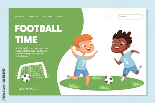Football landing page template. Sport team kids vector character. Illustration of football game, soccer school kids