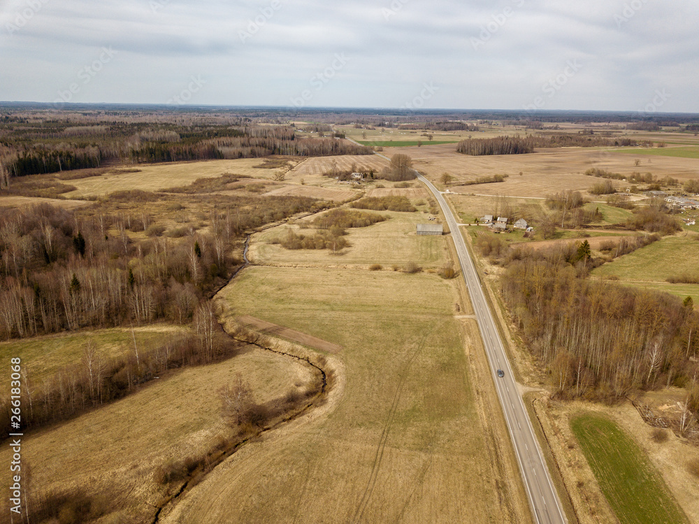 aerial view of rural area and roads in spring